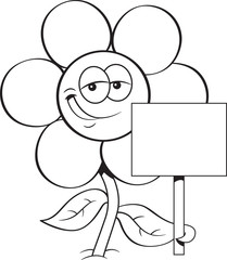 Back and white illustration of a flower holding a sign.