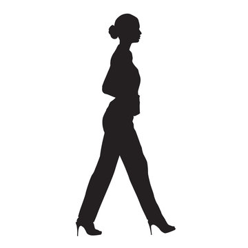 Business woman walking, side view, isolated vector silhouette