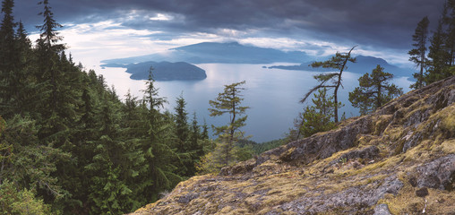 Naklejka premium The beautiful scenic scapes of Bowen Island in Howe Sound and the heart of the Salish Sea with landscapes, waterscapes, and sunsets. Gorgeous Vancouver area.