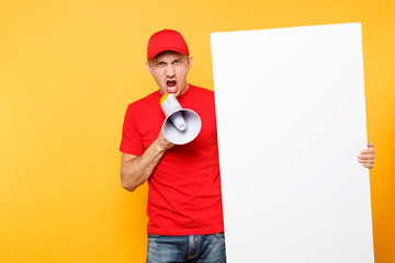 Delivery service man isolated on yellow background. Male employee courier in red cap, t-shirt...