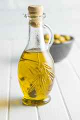 Olive oil in bottle.