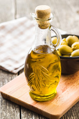 Olive oil in bottle.