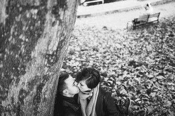 Top view of Young beautiful couple in love woman, man with closed eyes kissing sitting on fallen leaves near tree in autumn park outdoors. Love relationship family people lifestyle. Black and white.