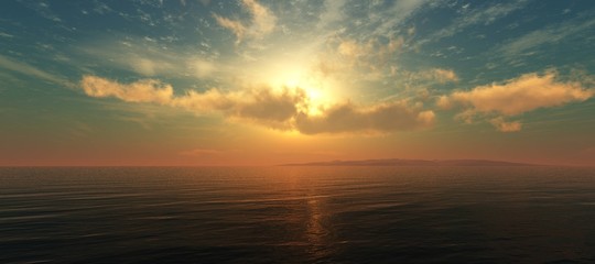 Beautiful sea sunset. Panorama of the oceanic sunrise. The sun is above the water.
