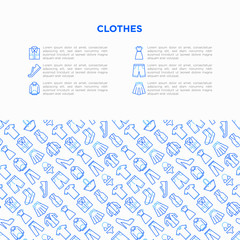 Clothing concept in circle with thin line icons set: shirt, shoes, pants, hoodie, sneakers, shorts, underwear, dress, skirt, jacket, coat, socks. Modern vector illustration, print media template.