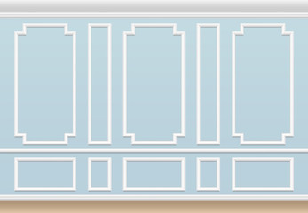 Classic blue wall with moulding panel. House luxury interior with molding frames. Vector background