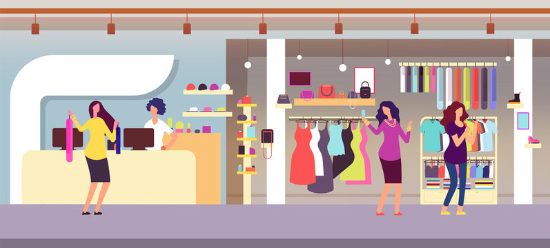 Fashion store. Shopping women in boutique with femele clothes and accessories. Clothing shop interior flat vector illustration