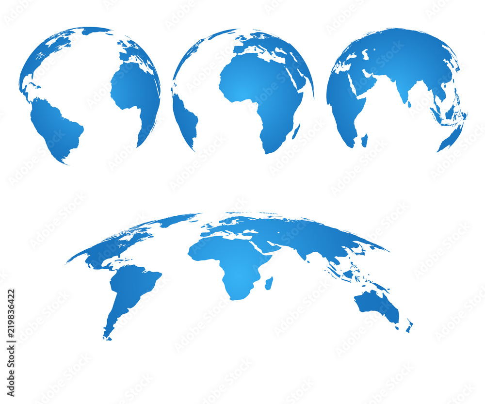 Poster earth globe. 3d world map with silhouette continents and oceans. vector isolated set
