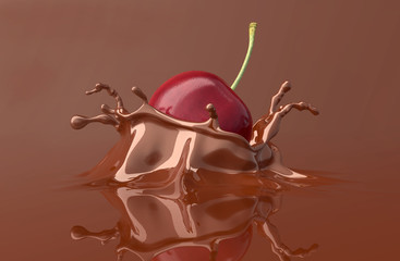 red cherry falling and splashing into chocolate.
