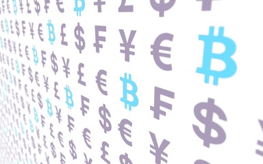 Bitcoin and currency on a white background. Digital Cryptocurrency symbol. Business concept. Market Display. 3D illustration