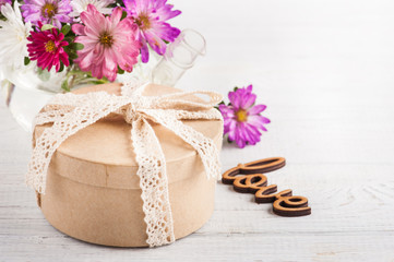 Pink purple garden flowers and gift box