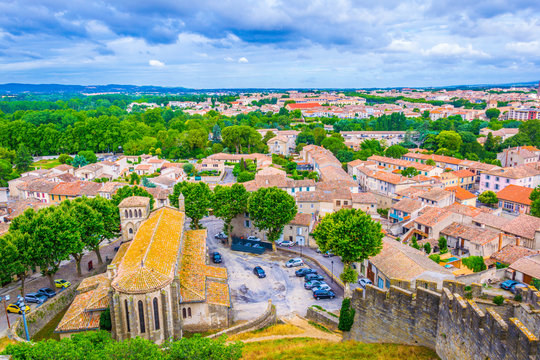 Aerial view of Carcassonne with church of Saint Gimer