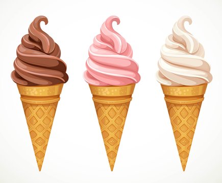Soft ice-cream dofferent tastes in cone design elements for summer season isolated on a white background