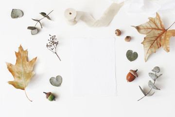 Autumn styled stock photo. Feminine wedding desktop stationery mockup scene with blank greeting...