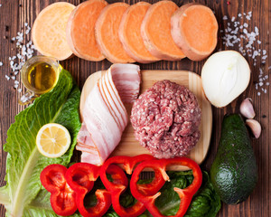 Sliced sweet potato, ground beef, bacon, onion, avocado