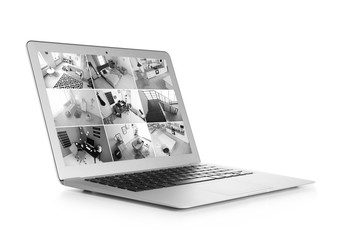 Laptop with view from CCTV cameras on white background. Home security system