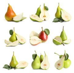 Set with tasty ripe pears on white background