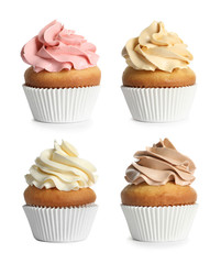 Set with birthday cupcakes on white background