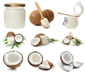 Set with coconut oil on white background