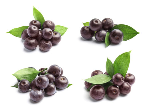 Set with acai berries and green leaves on white background. Organic superfood
