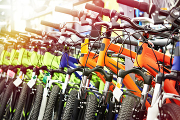 Modern mountain bikes in shop