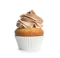 Delicious birthday cupcake on white background