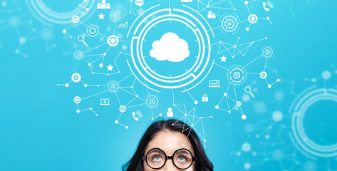 Cloud computing with young woman on a blue background