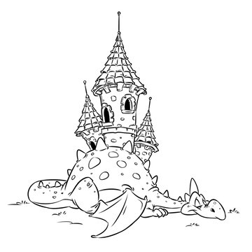 Dragon fairy security medieval castle animal cheerful cartoon illustration isolated image coloring page
