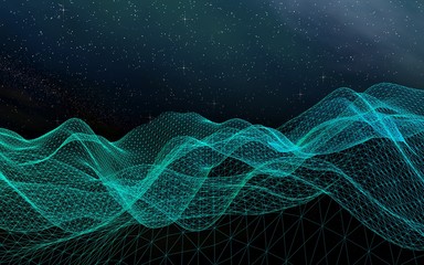 Abstract landscape on a dark background. Star horizon. Cyberspace grid. Hi-tech network. Outer space. Starry outer space texture. 3D illustration