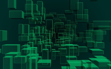 Green and dark abstract digital and technology background. The pattern with repeating rectangles. 3D illustration