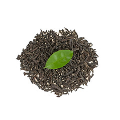 pile of tea and green tea leaf on white background