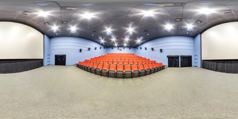 Moscow-2018: 3D spherical panorama with 360 degree viewing angle of empty cinema hall interior with red color seats and screen. Ready for virtual reality in vr. Full equirectangular projection