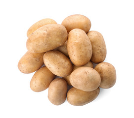 Fototapeta na wymiar Fresh ripe organic potatoes on white background, top view