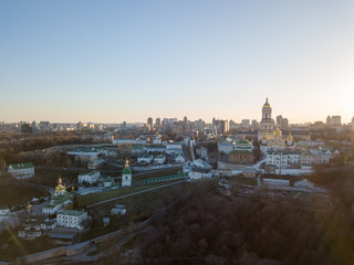 Bird's eye view from the drone to the Kiev Pechersk Lavra with historical cathedral of the monastery in Kiev, Ukraine.