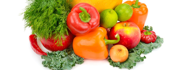 Fruits and vegetables isolated on a white background. Wide photo.