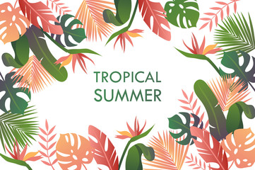 Obraz premium summer tropical background. colorful tropical plants and flowers. vector illustration