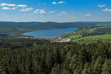 Fototapeta na wymiar Panorama vom Lipno Stausee des Fluss Moldau an der Grenze von Tschechien und Österreich mit Wiesen und Wäldern.