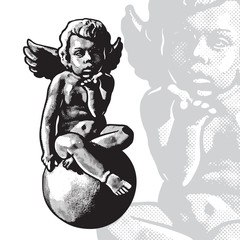 Angel child sitting on sphere, cute cupid boy. Vector black and white monochrome graphic illustration in vintage engraving style.