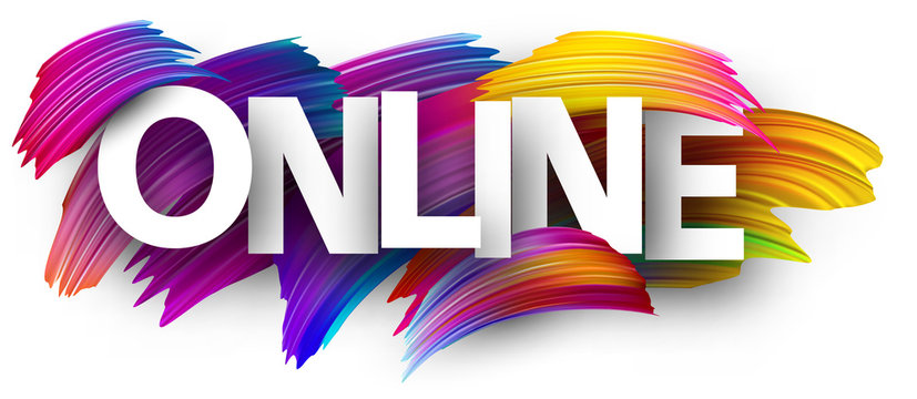 Online sign with colorful brush strokes.