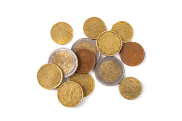 Coins of euro and cents, currency of European market on white background