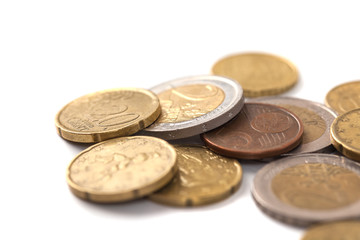 Coins of euro and cents, currency of European market on white background