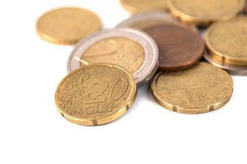 Coins of euro and cents, currency of European market on white background