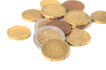 Coins of euro and cents, currency of European market on white background