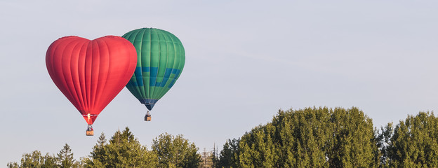 Fototapeta na wymiar Colorful hot-air balloons flying over the forest, banner