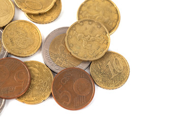 Coins of euro and cents, currency of European market on white background