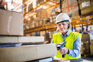Senior warehouse woman worker working with barcode scanner.