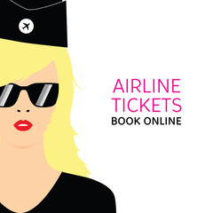 stewardess blonde in black uniforms with booking online ticket