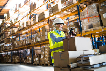 Senior warehouse woman worker working with barcode scanner.