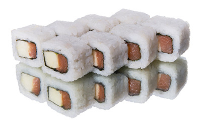 a set of sushi with reflection on white background