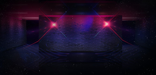 Background of an empty corridor with brick walls and neon light. Brick walls, neon rays and glow